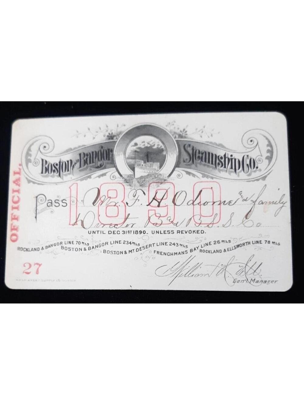 1890 Boston & Bangor Steamship Co, Annual Ticket Pass • Boston MA to Bangor ME